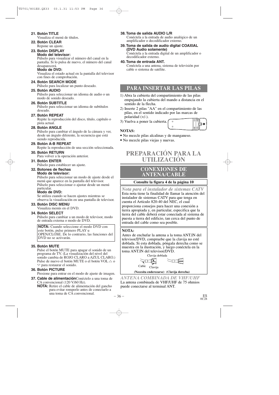 Preparación para la utilización, Para insertar las pilas conexiones de antena/cable | Sylvania 6513DD User Manual | Page 36 / 40