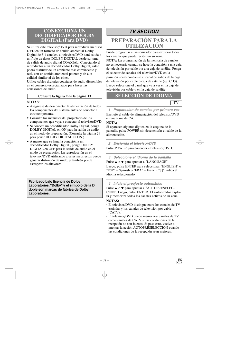 Preparación para la utilización, Selección de idioma | Sylvania 6513DD User Manual | Page 38 / 40