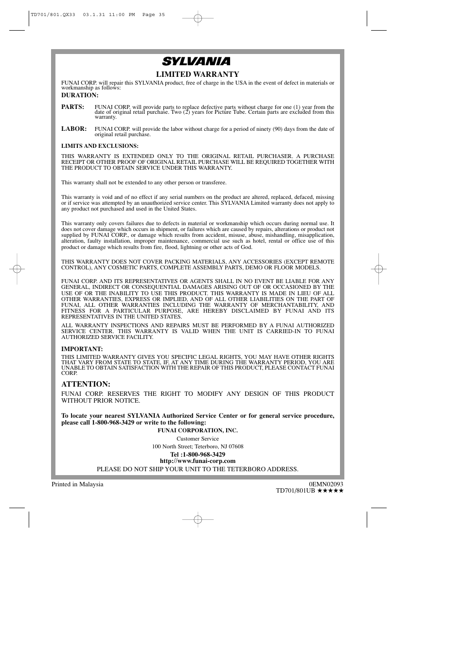Limited warranty, Attention | Sylvania 6513DD User Manual | Page 40 / 40
