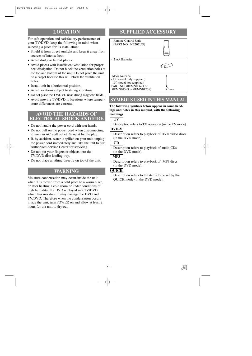 Warning, Symbols used in this manual supplied accessory | Sylvania 6513DD User Manual | Page 5 / 40