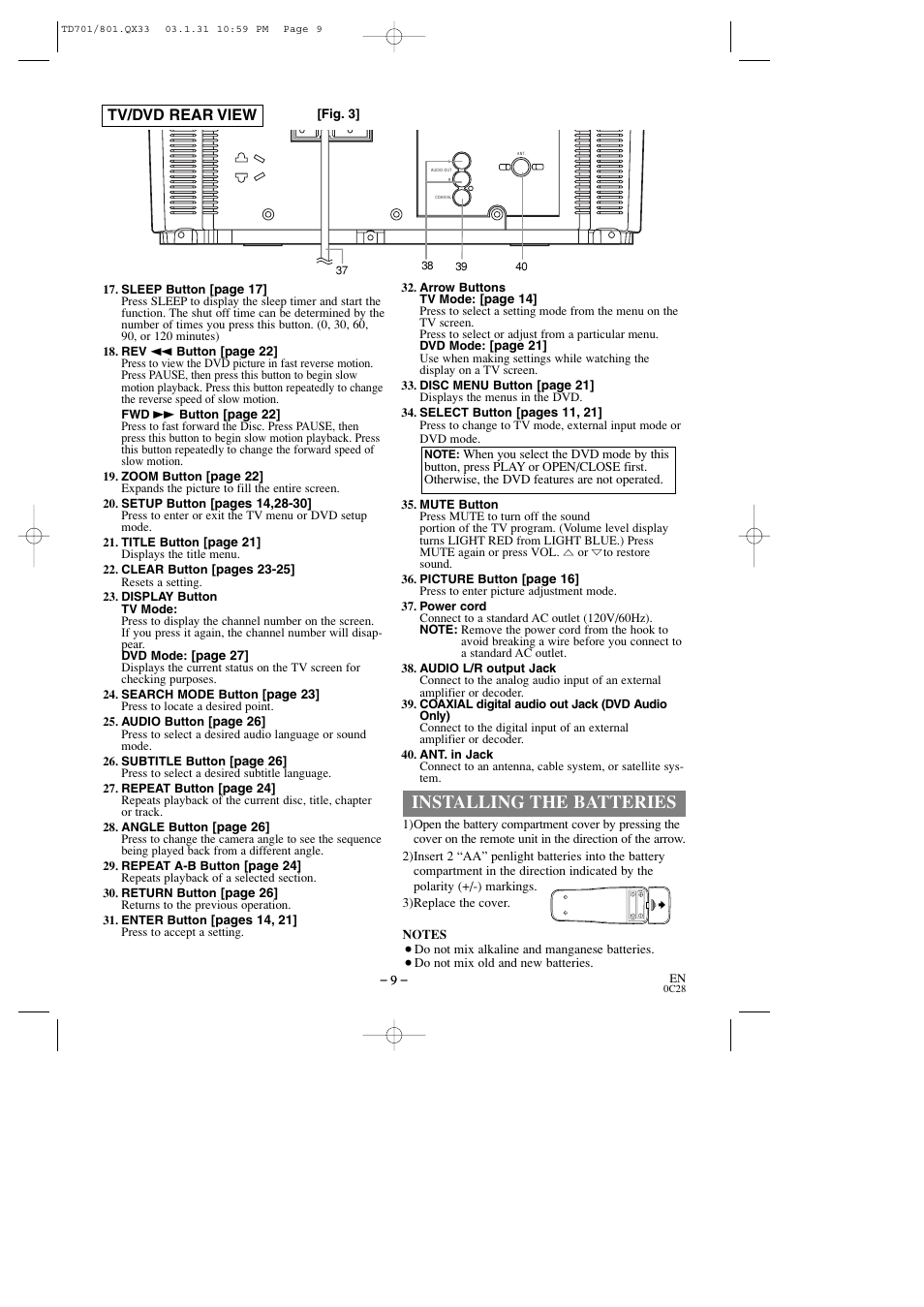 Installing the batteries, Tv/dvd rear view | Sylvania 6513DD User Manual | Page 9 / 40