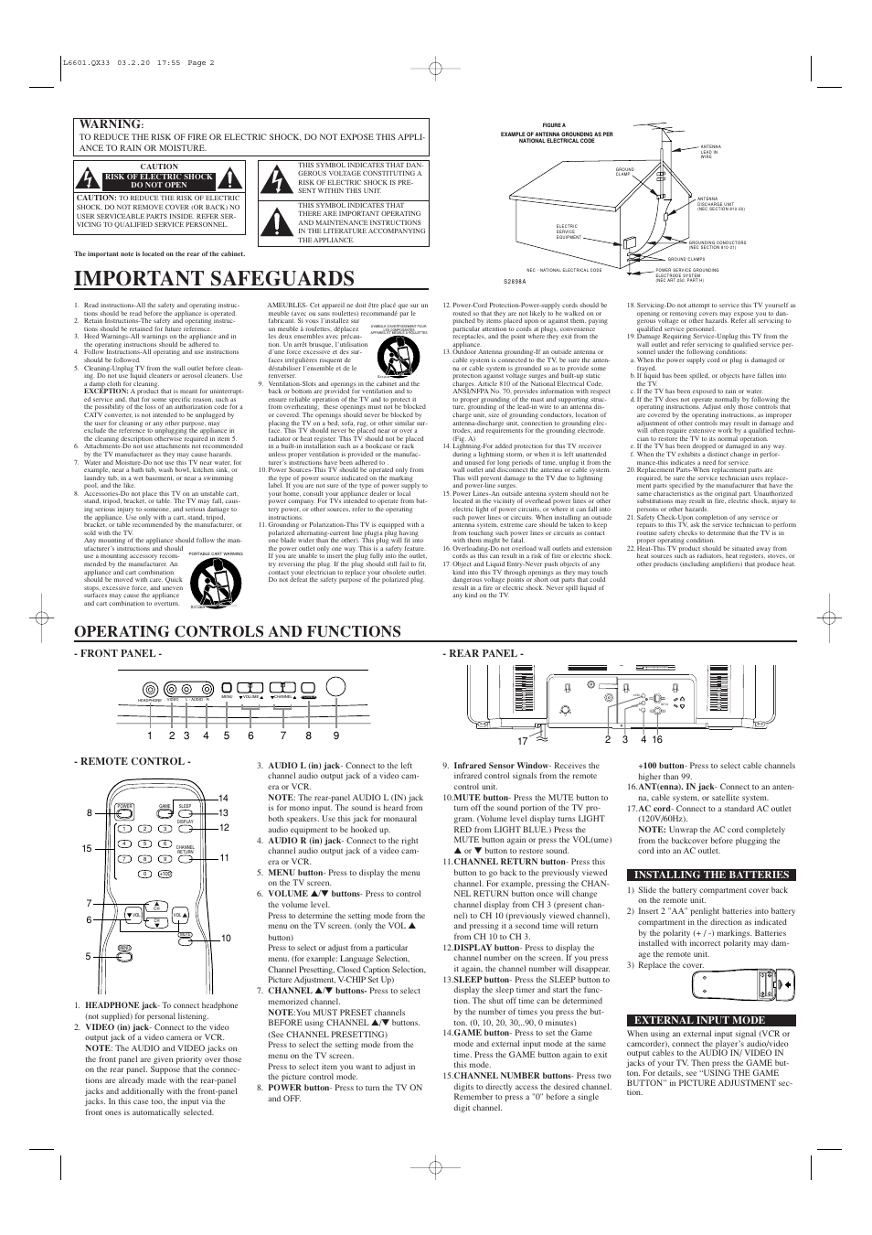 Important safeguards, Operating controls and functions, Warning | Front panel - - rear panel, Remote control, Installing the batteries, External input mode | Sylvania 6432TD User Manual | Page 2 / 4