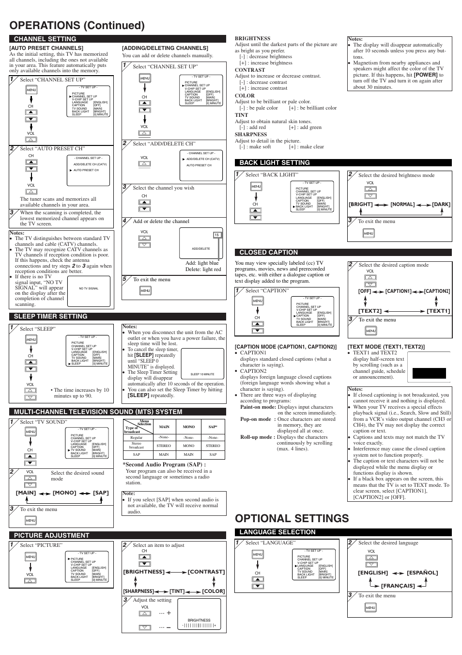 Operations (continued) optional settings, Picture adjustment, Channel setting | Language selection, Multi-channel television sound (mts) system, Sleep timer setting, Closed caption back light setting | Sylvania 6620LF User Manual | Page 3 / 8