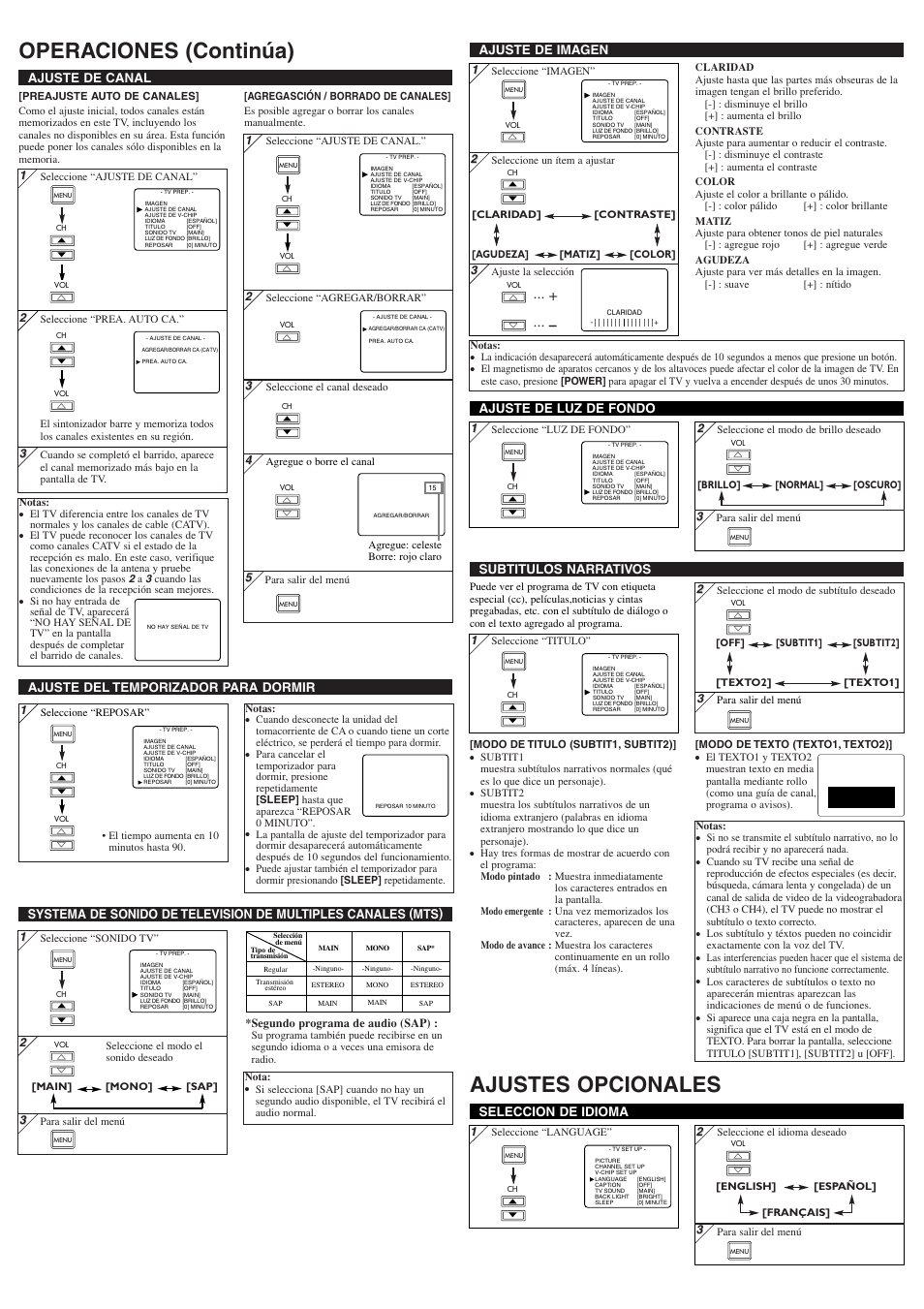 Operaciones (continúa) ajustes opcionales, Ajuste de imagen, Ajuste de canal | Seleccion de idioma, Subtitulos narrativos | Sylvania 6620LF User Manual | Page 7 / 8