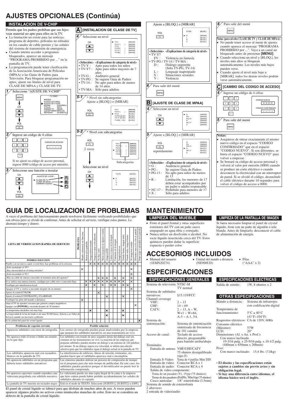 Accesorios incluidos, Especificaciones generales, Especificaciones electricas | Otras especificaciones, Limpieza del mueble, Limpieza de la pantalla de imagen, Instalacion de v-chip | Sylvania 6620LF User Manual | Page 8 / 8