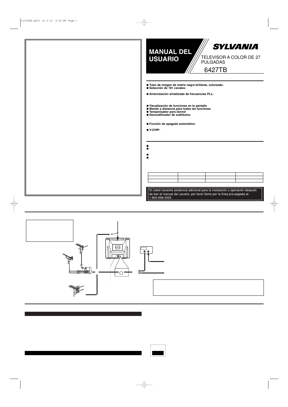Manual del usuario, 6427tb, Conexiones de la antena/cable precauciones | Características, Subtitulos narrativos, Ant.in, Televisor a color de 27 pulgadas | Sylvania 6427TB User Manual | Page 5 / 8