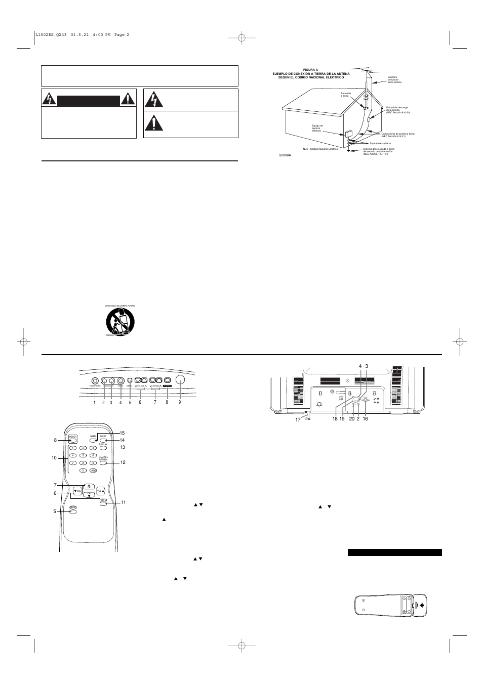 Importante para su seguridad, Controles de operación y sus funciones, Panel delantero - - panel trasero | Control remoto, Instalacion de las pilas | Sylvania 6427TB User Manual | Page 6 / 8