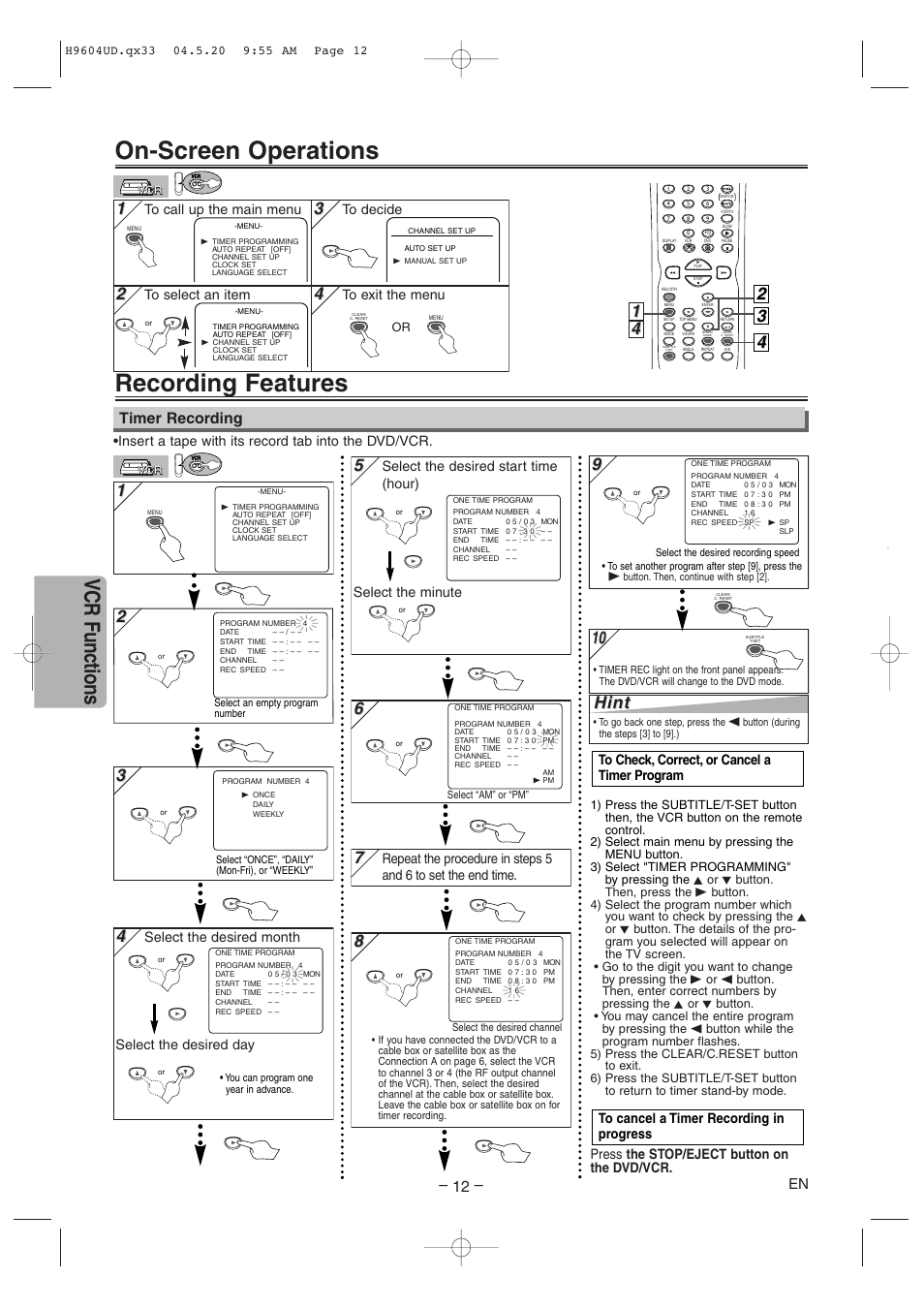 On-screen operations, Recording features, Vcr functions | Hint, Timer recording, Insert a tape with its record tab into the dvd/vcr, Select the desired month select the desired day | Sylvania DVC845E User Manual | Page 12 / 28