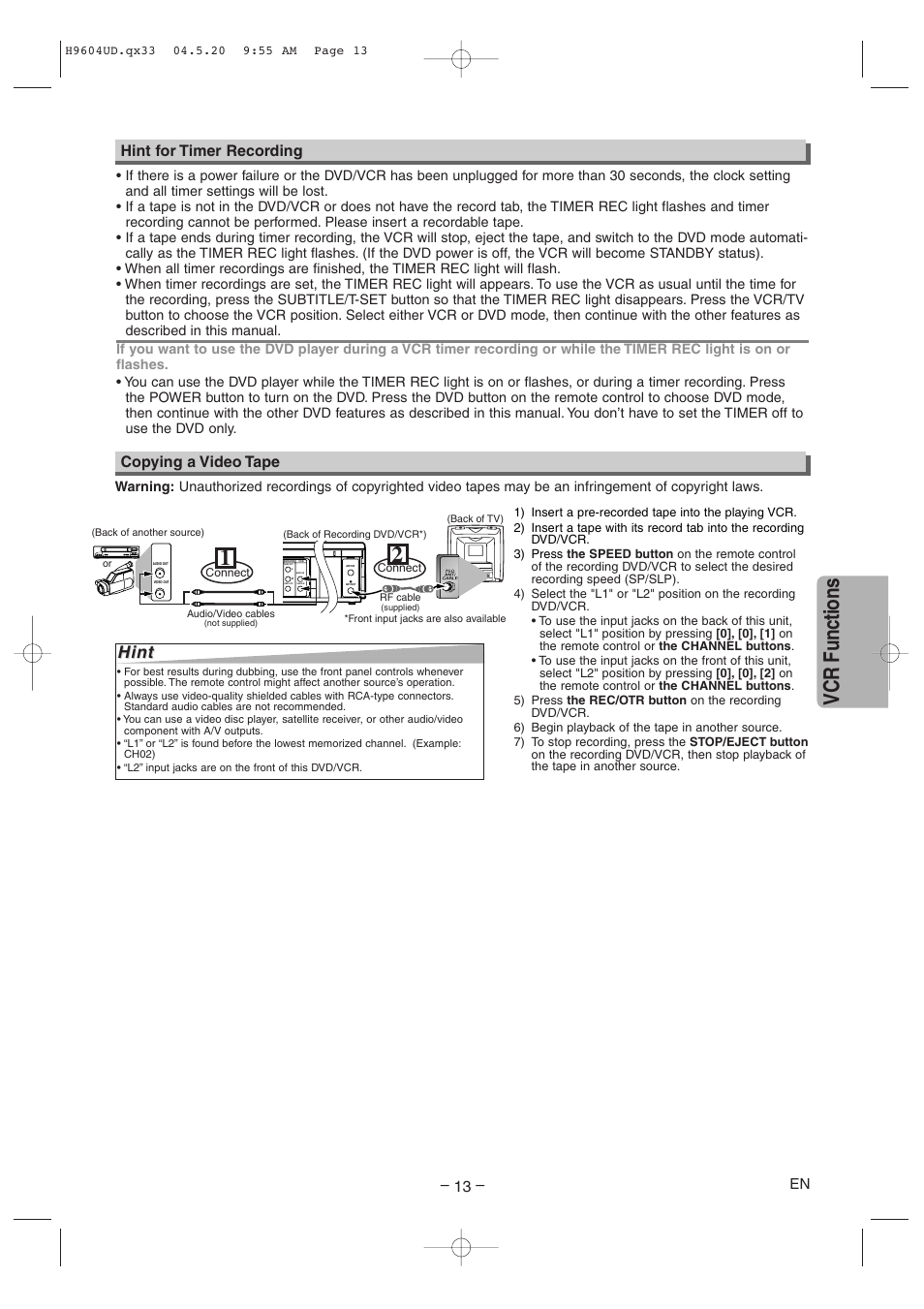 Vcr functions, Hint, Copying a video tape – 13 | Hint for timer recording, Component video out | Sylvania DVC845E User Manual | Page 13 / 28