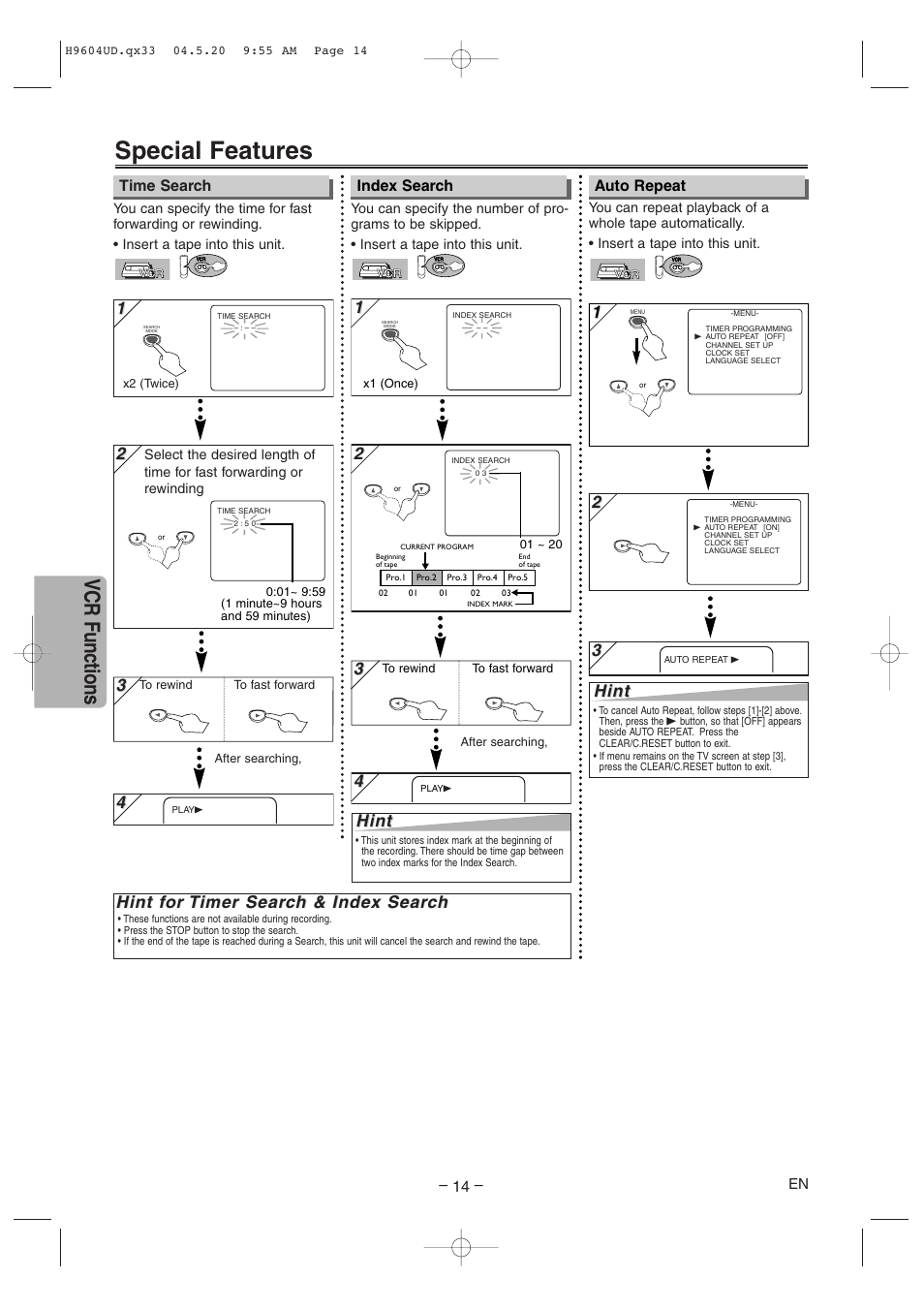 Special features, Vcr functions, Hint f | Hint, Time search index search auto repeat | Sylvania DVC845E User Manual | Page 14 / 28