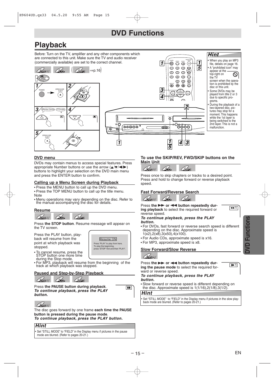 Playback, Dvd functions, 5hint hint | Hint | Sylvania DVC845E User Manual | Page 15 / 28
