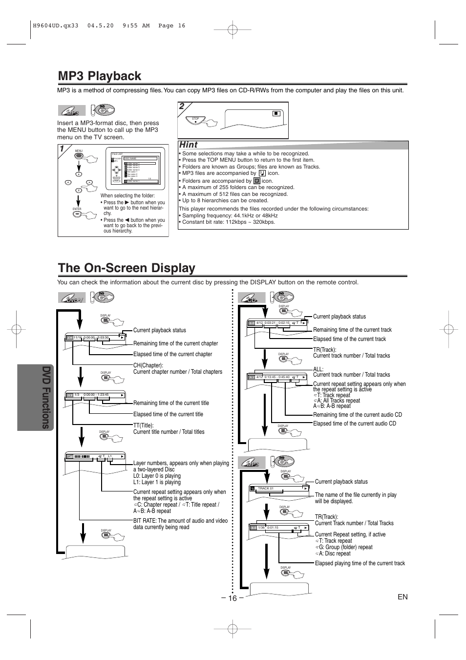 Mp3 playback, The on-screen display, Dvd functions | Hint | Sylvania DVC845E User Manual | Page 16 / 28