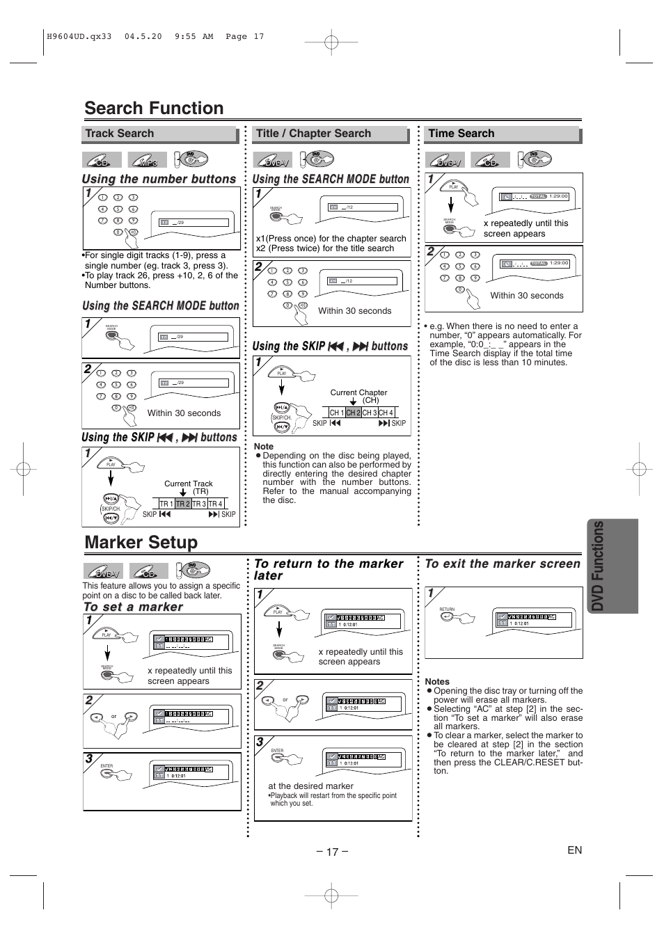 Search function, Marker setup, Dvd functions | Using the search, Using the search mode mode b b utton utton 1 1, Using the n, Using the n umber b umber b uttons uttons, Using the search mode mode b b utton utton, Using the skip, Time search | Sylvania DVC845E User Manual | Page 17 / 28