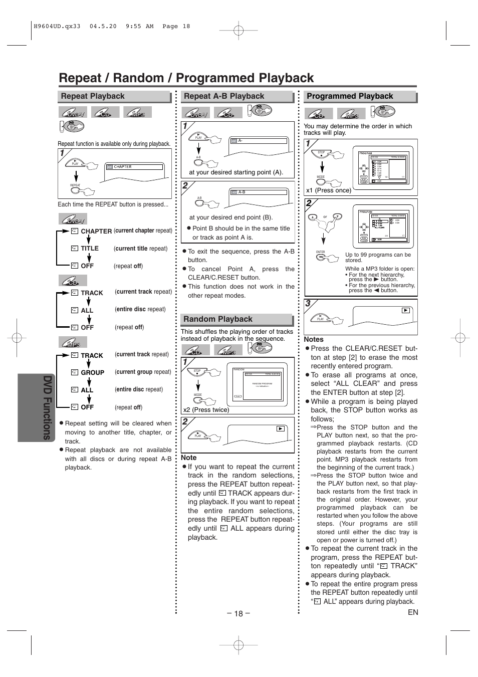 Repeat / random / programmed playback, Dvd functions, Repeat playback programmed playback | Repeat a-b playback, Random playback | Sylvania DVC845E User Manual | Page 18 / 28
