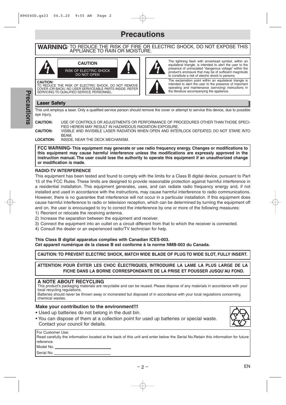 Precautions, Warning | Sylvania DVC845E User Manual | Page 2 / 28