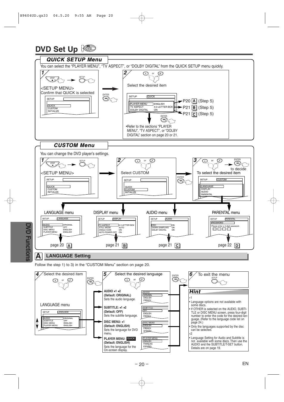 Dvd set up, Dvd functions, Cust | Cust om men om men u u, Hint, Quick setup men uick setup men u u, Language setting | Sylvania DVC845E User Manual | Page 20 / 28