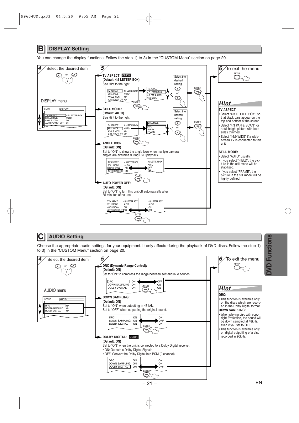 Dvd functions, Hint, Display setting | Audio setting | Sylvania DVC845E User Manual | Page 21 / 28