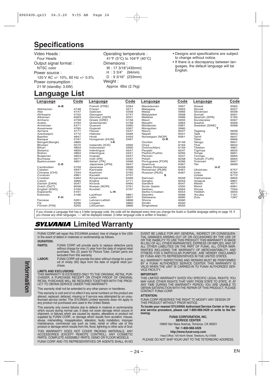 Language list, Specifications, Limited warranty | Inf ormation, Video heads, Output signal format, Power source, Power consumption, Operating temperature, Dimensions | Sylvania DVC845E User Manual | Page 24 / 28