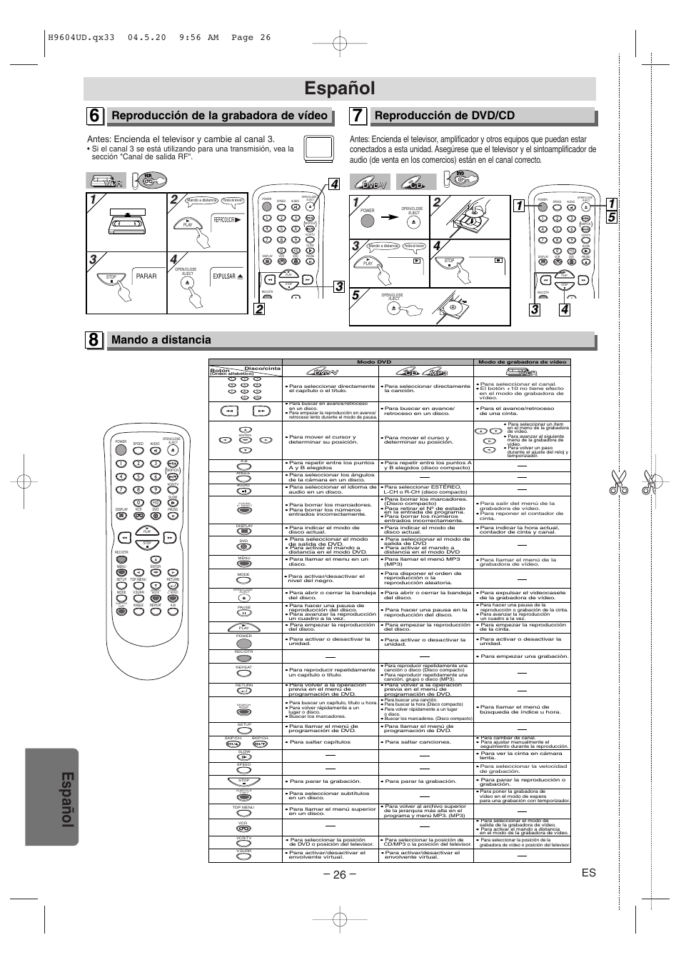 Español, Reproducción de la grabadora de vídeo, Reproducción de dvd/cd | Mando a distancia, Antes: encienda el televisor y cambie al canal 3, Cd dvd-v dvd-v | Sylvania DVC845E User Manual | Page 26 / 28