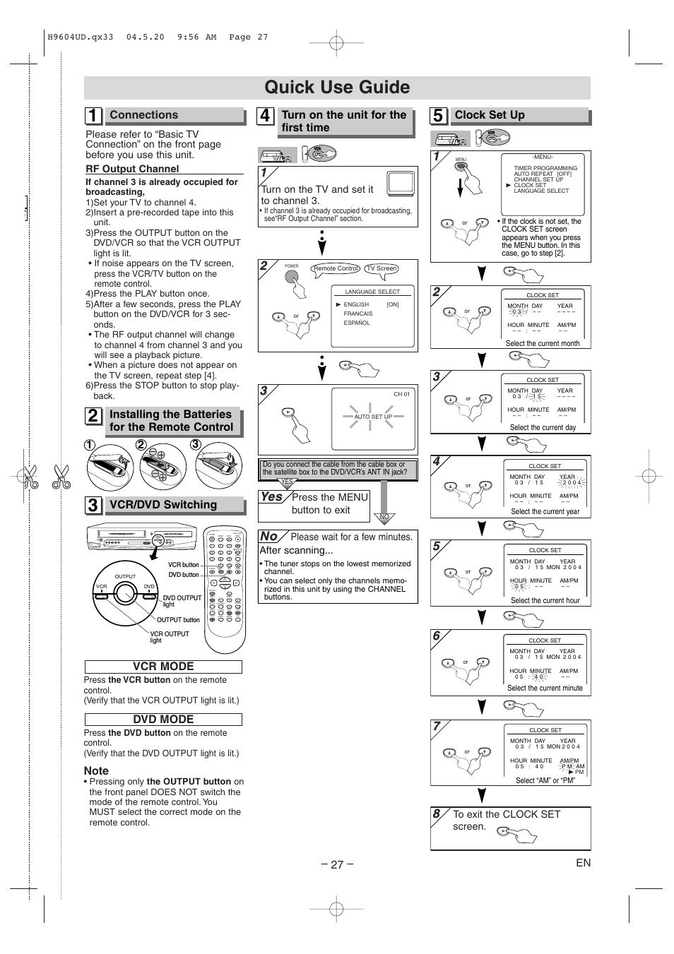Quick use guide, Yes es, Connections | Clock set up, Vcr/dvd switching, Installing the batteries for the remote control, Turn on the unit for the first time, Dvd mode | Sylvania DVC845E User Manual | Page 27 / 28