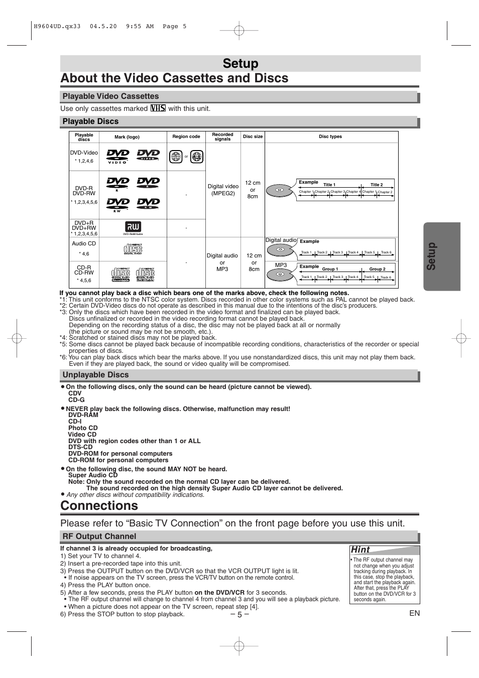 Connections, About the video cassettes and discs, Setup | Hint, Unplayable discs, Rf output channel, Playable discs, Playable video cassettes | Sylvania DVC845E User Manual | Page 5 / 28