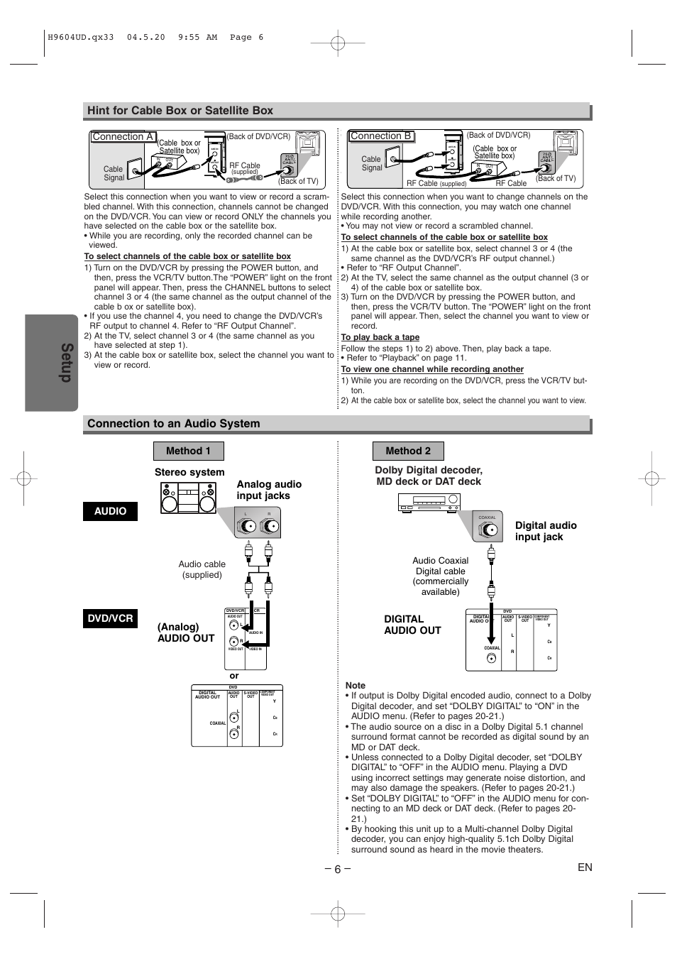 Setup, Hint for cable box or satellite box, Connection to an audio system | Connection a, Connection b, Stereo system, Dolby digital decoder, md deck or dat deck | Sylvania DVC845E User Manual | Page 6 / 28