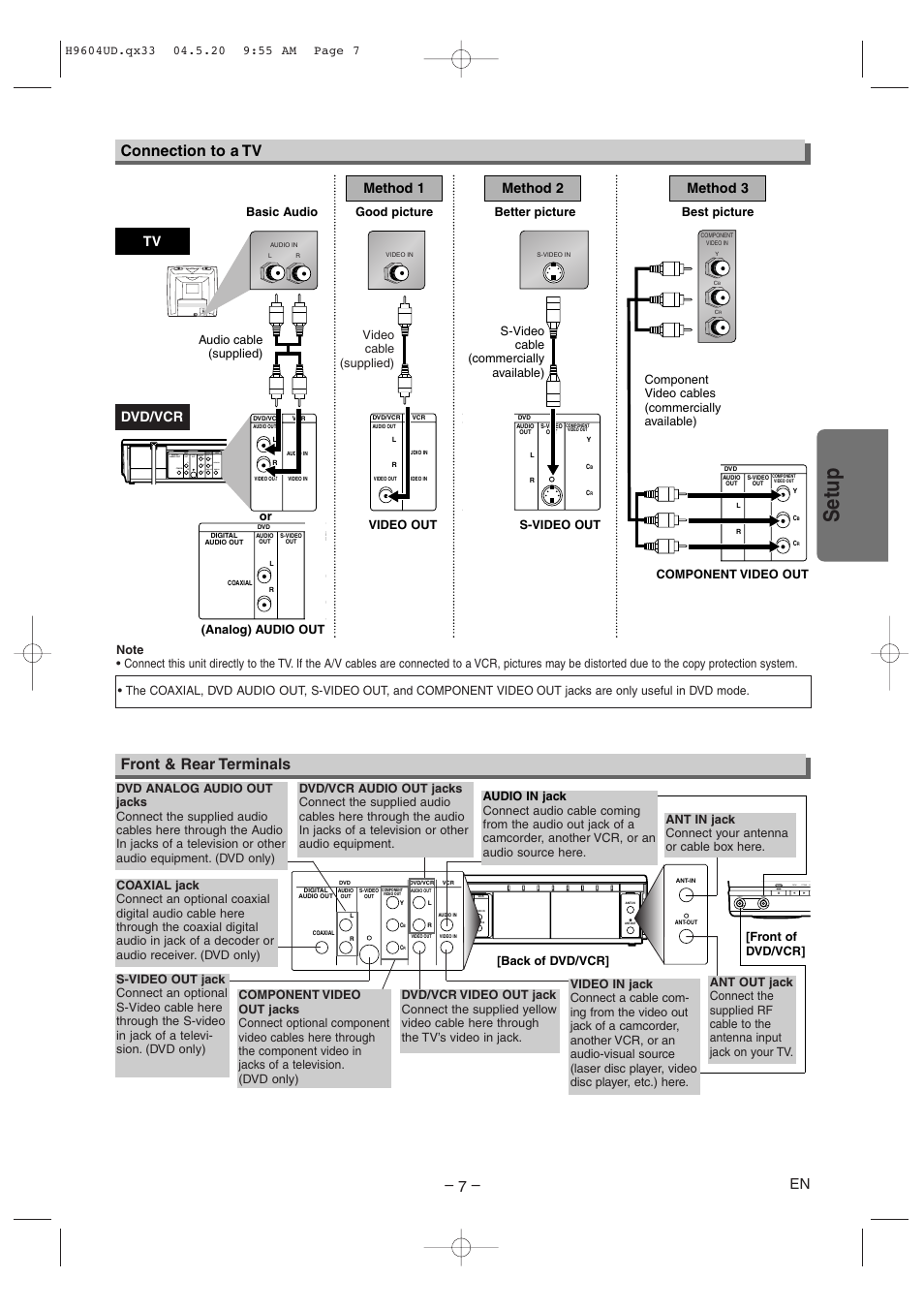Setup, Front & rear terminals, Connection to a tv | Tv method 1, Method 2 method 3, Dvd/vcr, Sf.fwd rew power video audio, Analog) audio out video out, Good picture basic audio | Sylvania DVC845E User Manual | Page 7 / 28