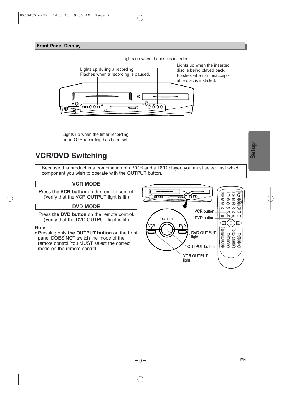 Vcr/dvd switching, Setup, Vcr mode | Dvd mode, Front panel display | Sylvania DVC845E User Manual | Page 9 / 28