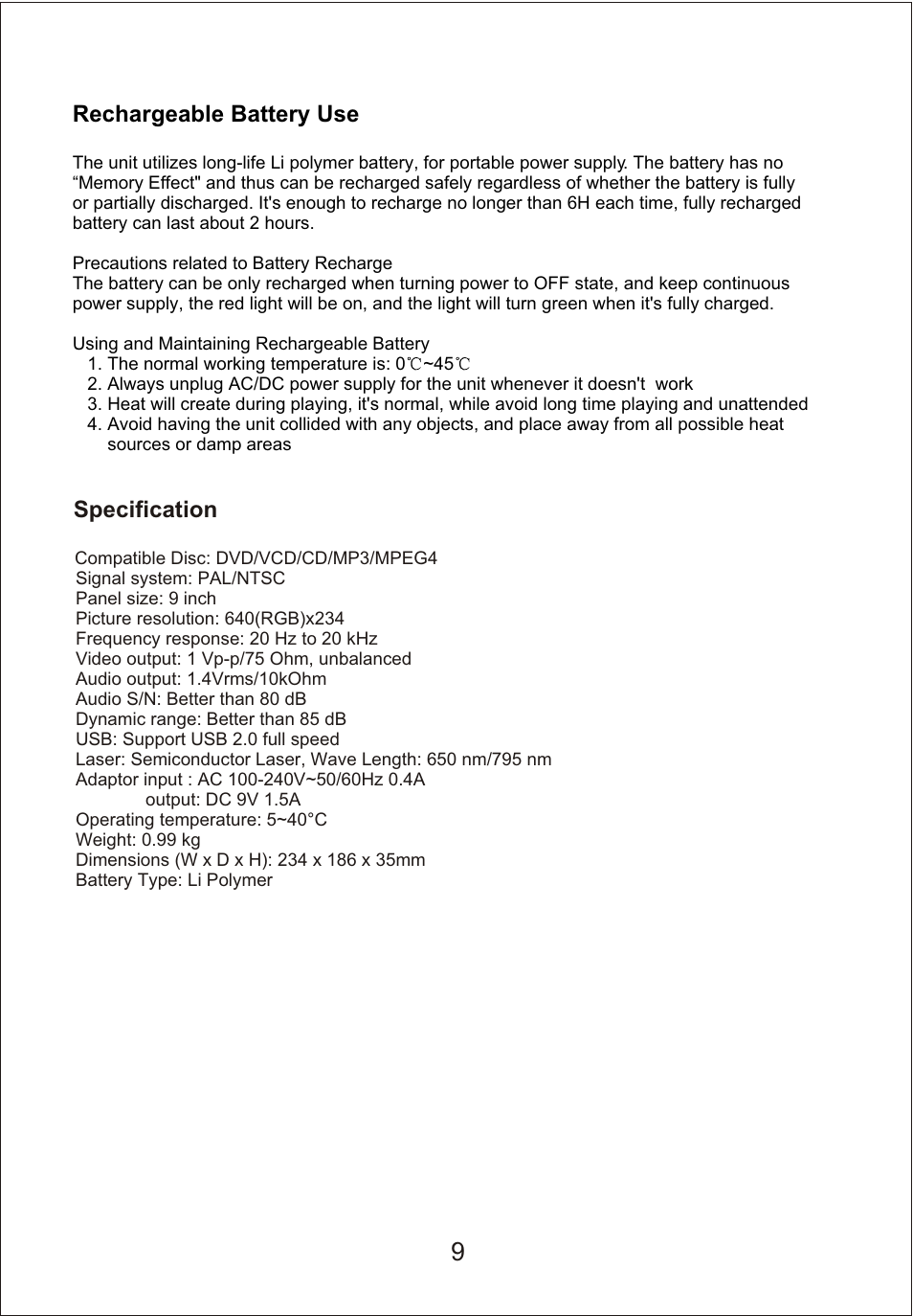 Т³гж 11, Rechargeable battery use, Specification | Sylvania SDVD9000 User Manual | Page 11 / 12