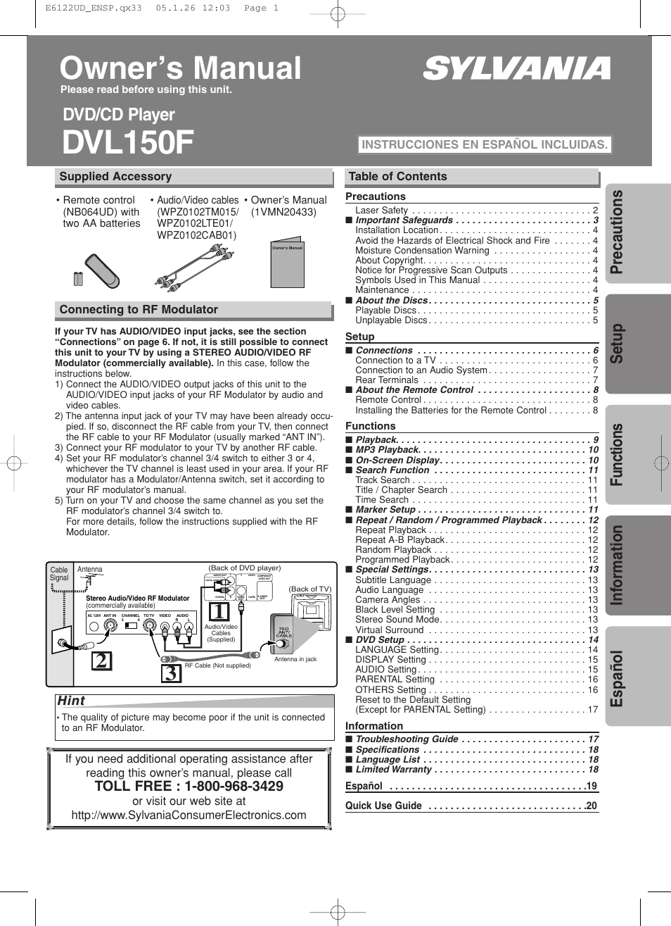 Sylvania DVL150F User Manual | 20 pages