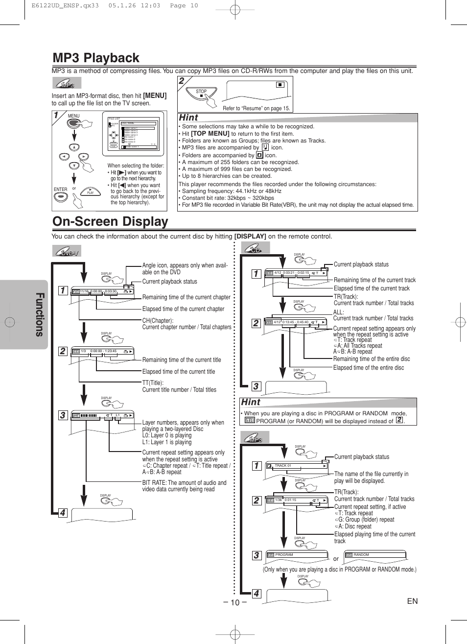 On-screen display, Mp3 playback, Functions | Hint, Menu | Sylvania DVL150F User Manual | Page 10 / 20