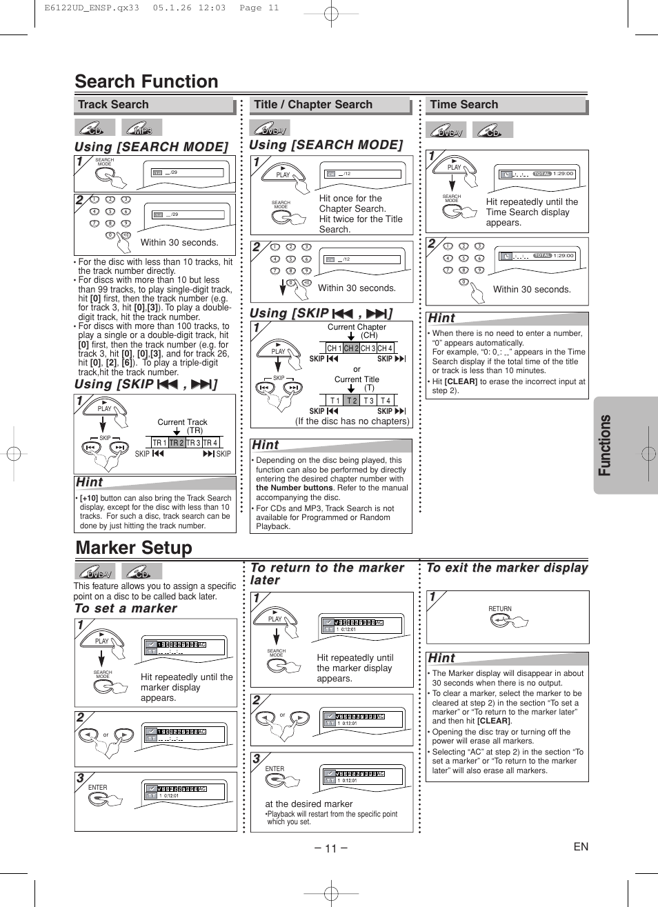 Search function, Marker setup, Functions | Using [search, Using [search mode] mode, Using [skip, Hint | Sylvania DVL150F User Manual | Page 11 / 20