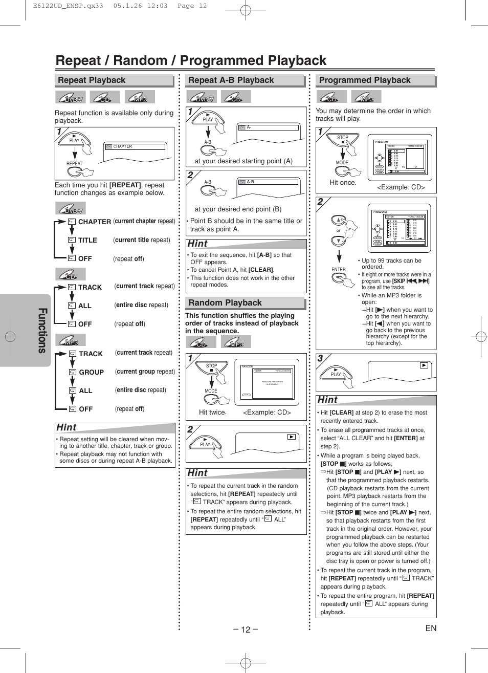 Repeat / random / programmed playback, Functions, Hint | Random playback | Sylvania DVL150F User Manual | Page 12 / 20