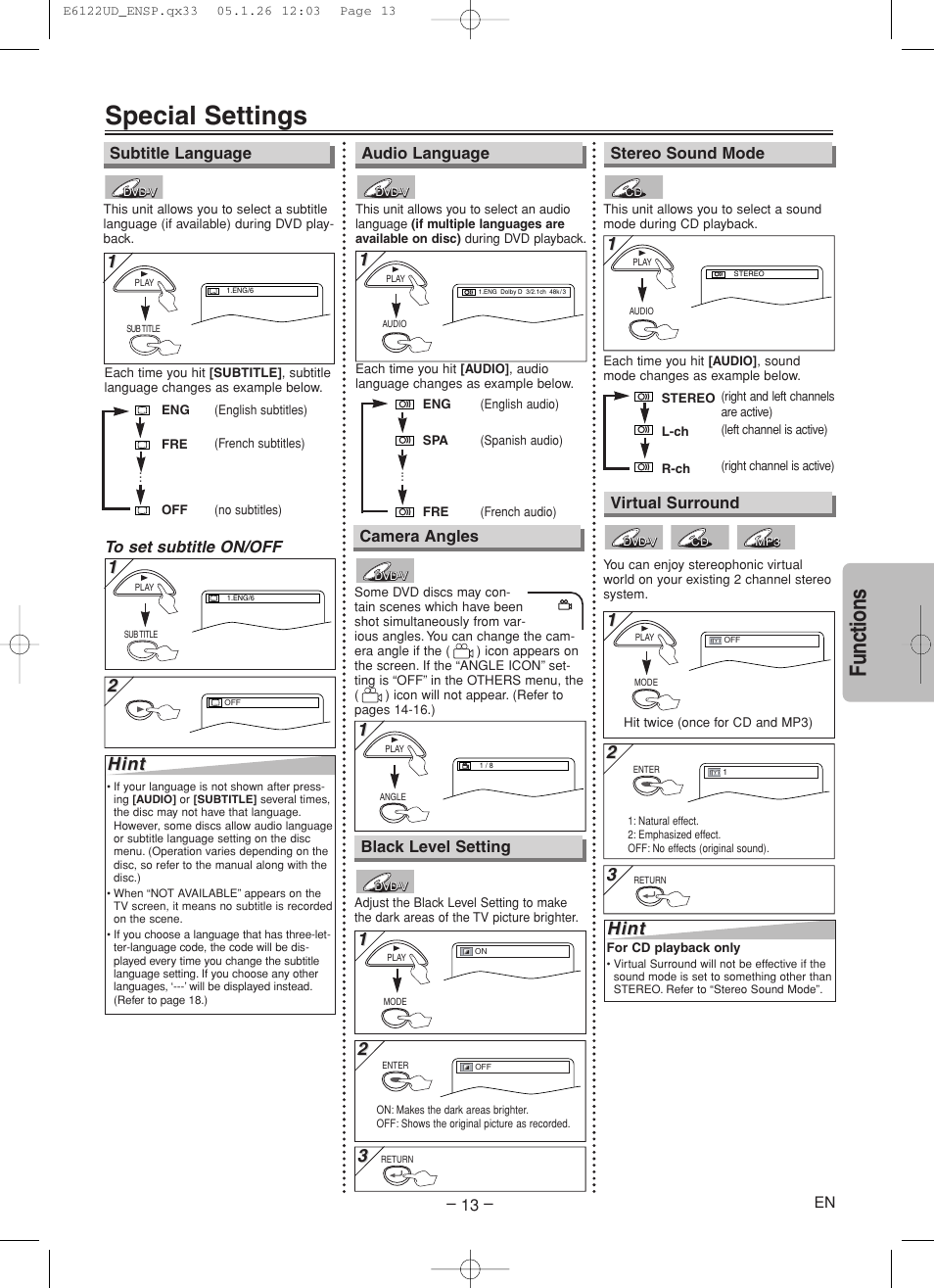 Special settings, Functions, Hint | Sylvania DVL150F User Manual | Page 13 / 20