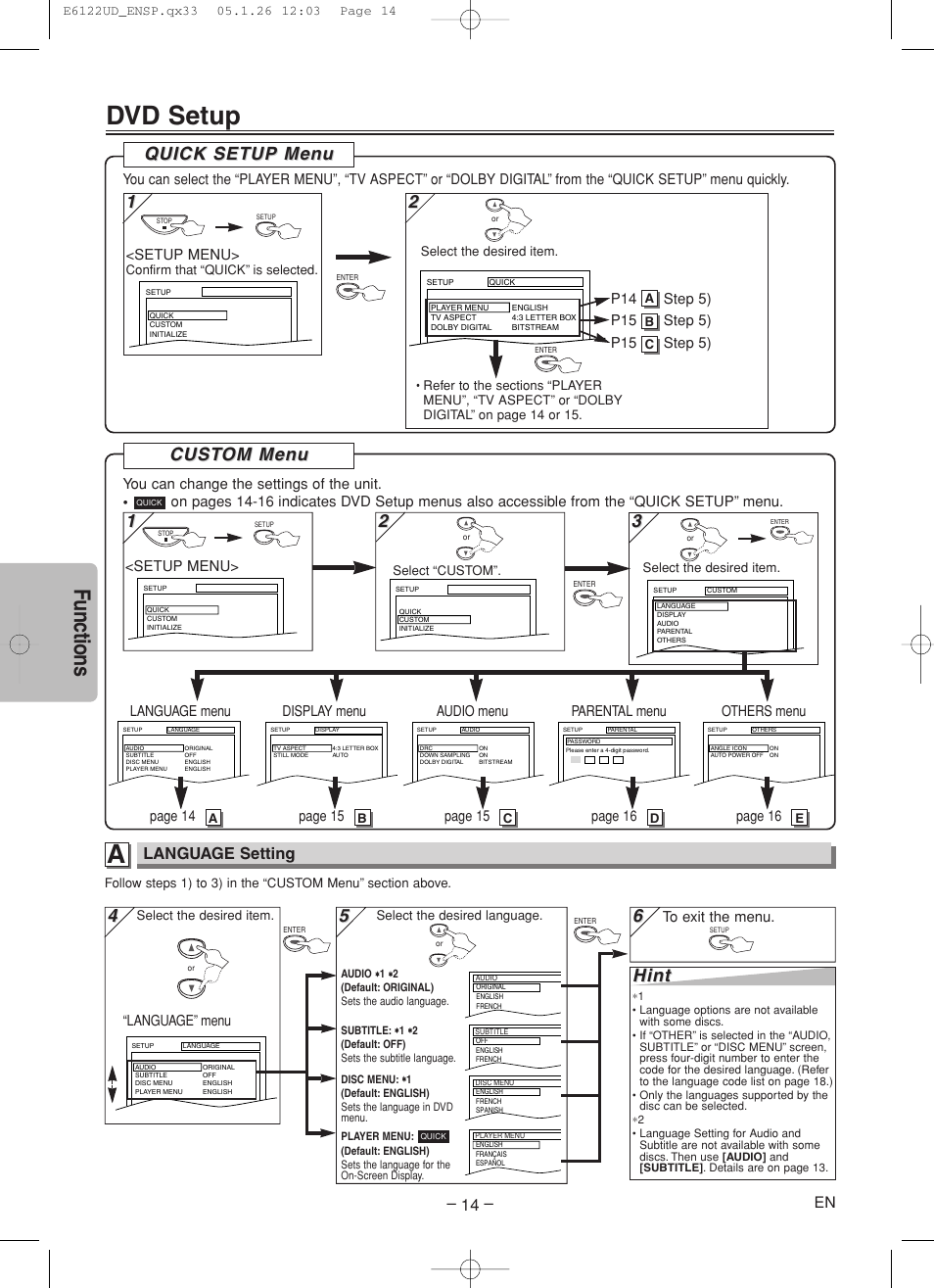 Dvd setup, Functions, Cust | Cust om men om men u u, Hint, Quick setup men uick setup men u u, Language setting, Setup menu, Language menu audio menu display menu others menu, Language” menu | Sylvania DVL150F User Manual | Page 14 / 20