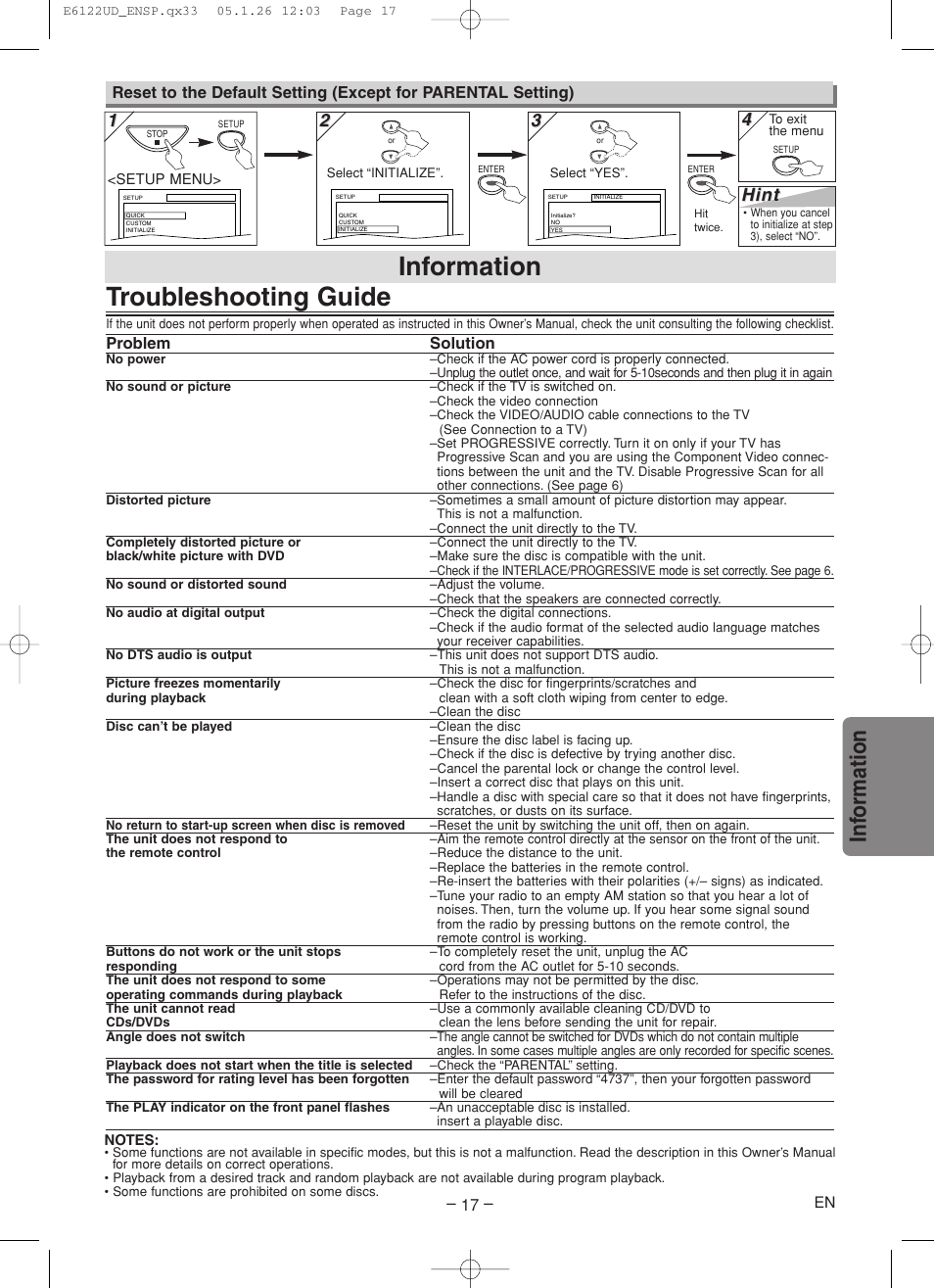 Troubleshooting guide, Information, Inf ormation | Hint | Sylvania DVL150F User Manual | Page 17 / 20