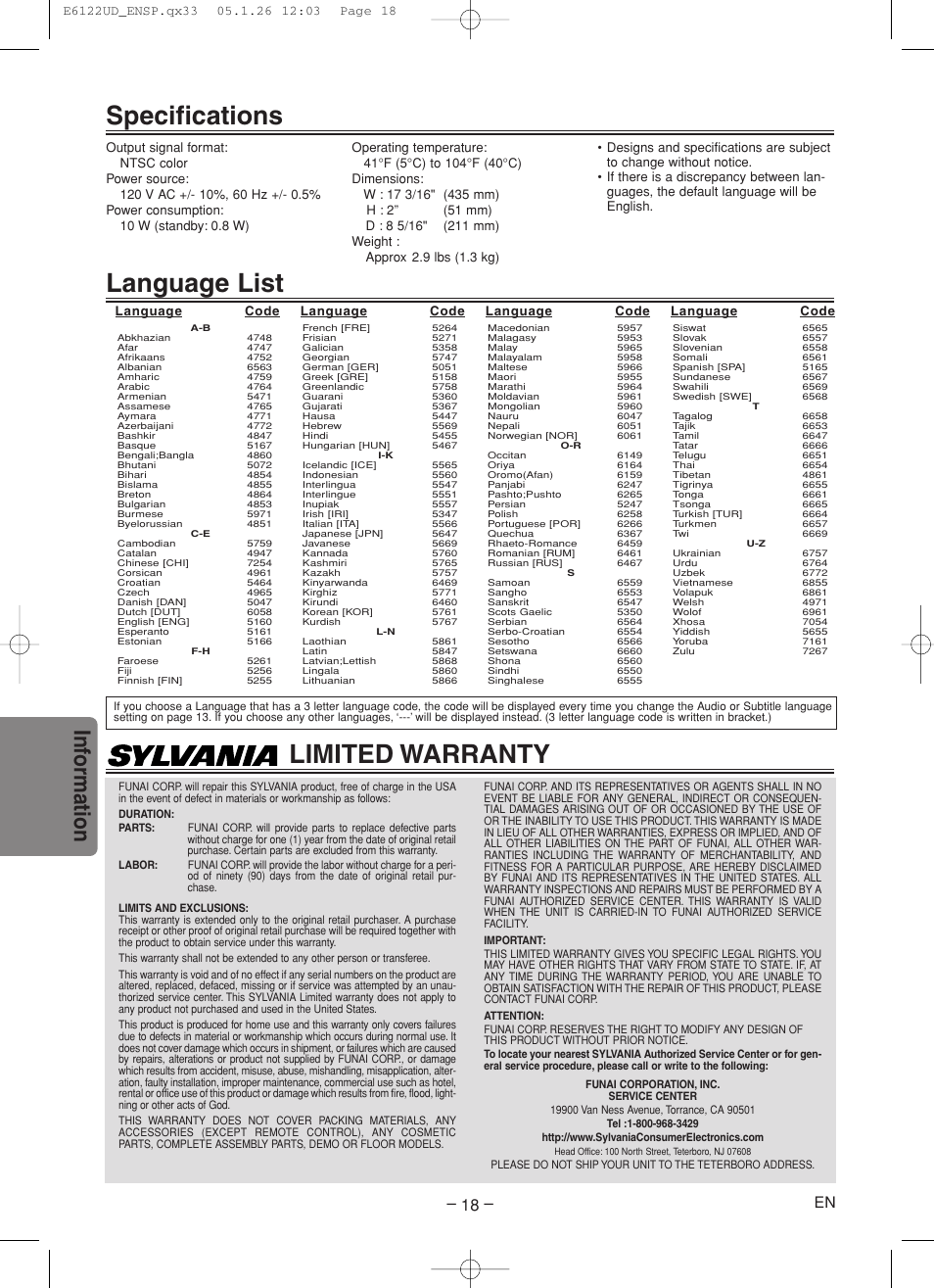 Language list, Specifications, Limited warranty | Inf ormation | Sylvania DVL150F User Manual | Page 18 / 20