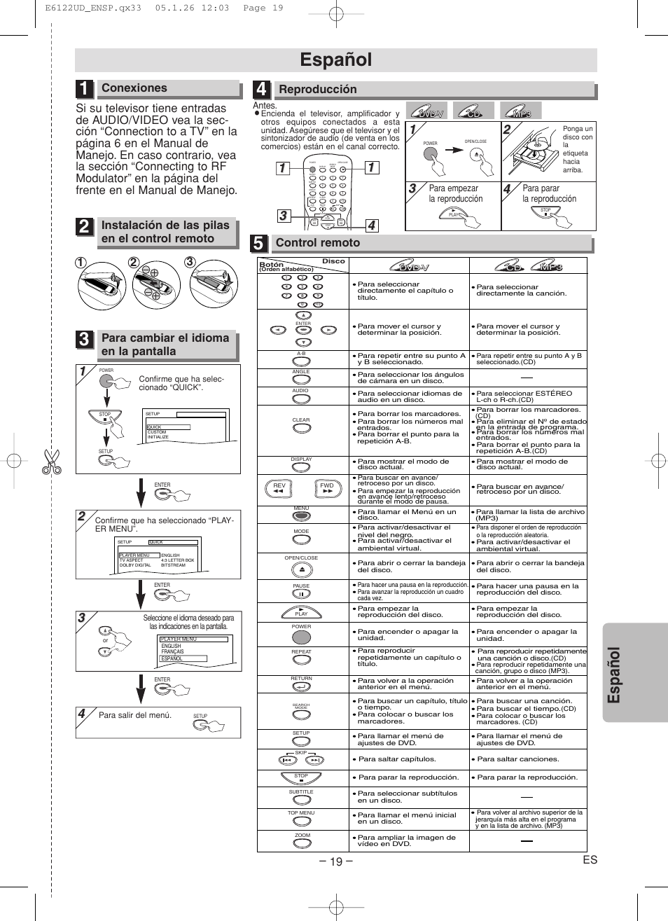 Español, Espa ñ ol, Conexiones | Para cambiar el idioma en la pantalla, Reproducción, Control remoto, Instalación de las pilas en el control remoto | Sylvania DVL150F User Manual | Page 19 / 20