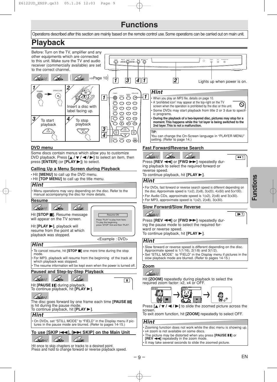 Playback, Functions, Hint | Sylvania DVL150F User Manual | Page 9 / 20