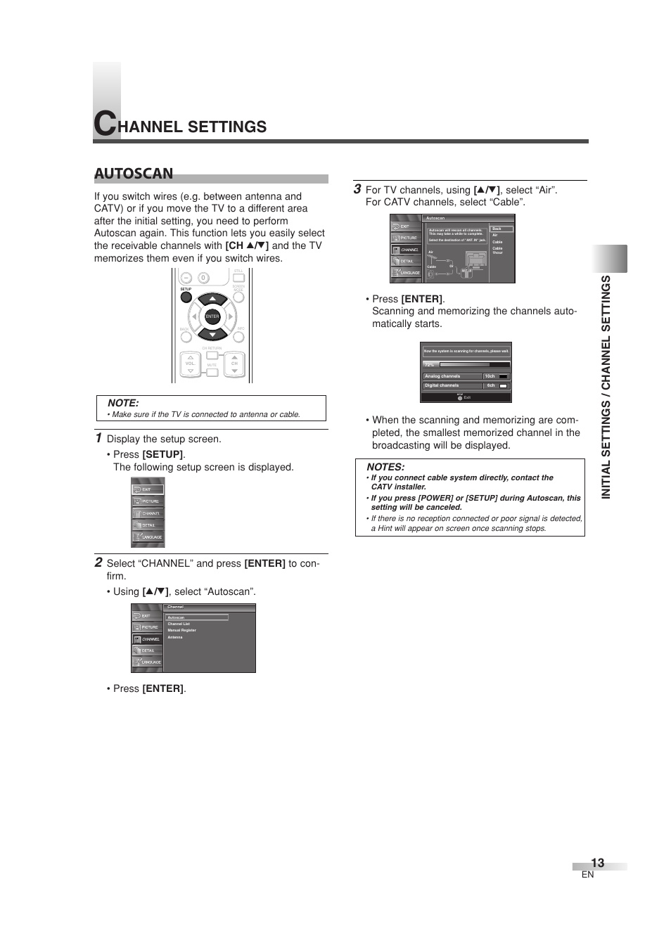 Autoscan, Hannel settings, Initial settings / channel settings | Sylvania 6626LG User Manual | Page 13 / 72