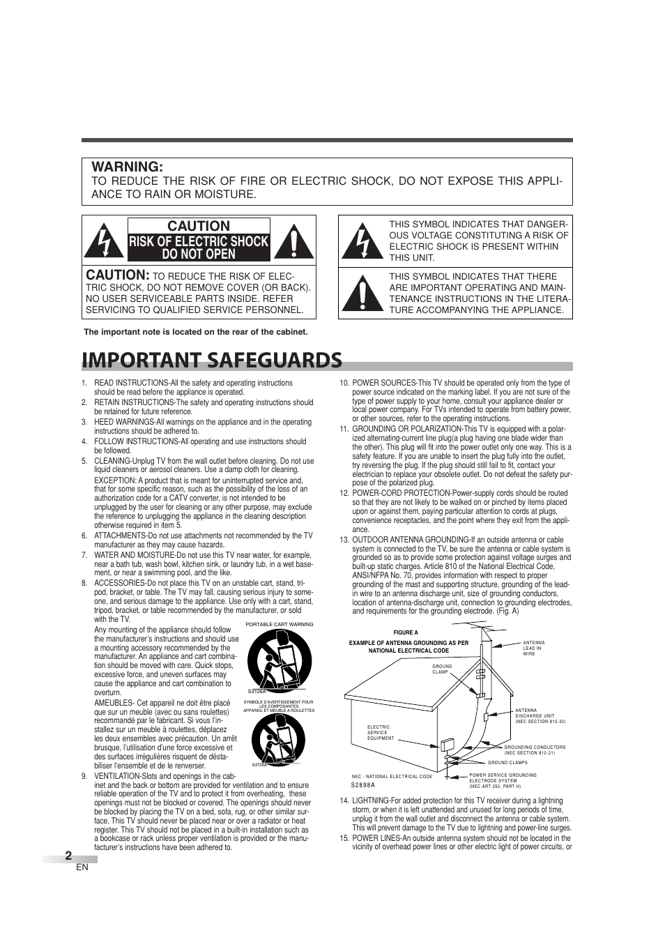 Important safeguards, Caution, Caution risk of electric shock do not open | Warning | Sylvania 6626LG User Manual | Page 2 / 72