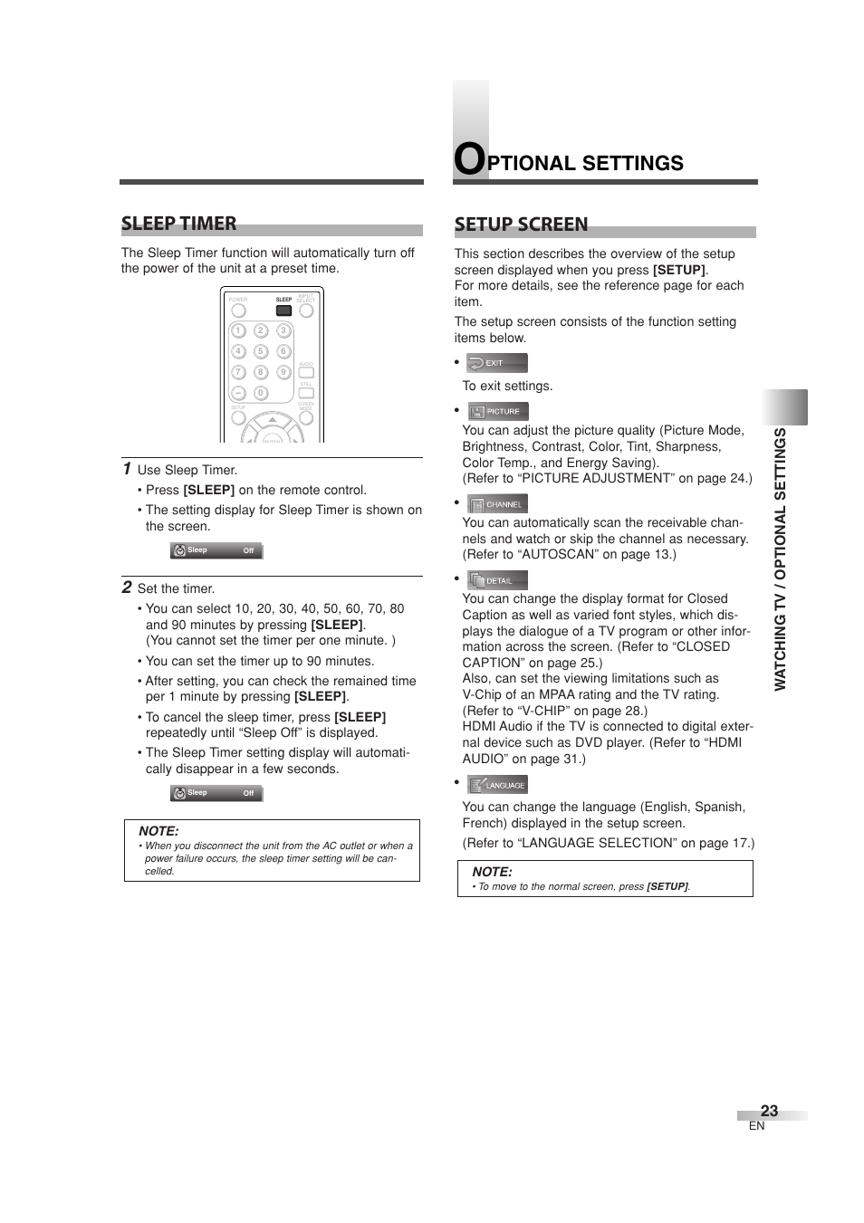 Ptional settings setup screen, Sleep timer, Wa tching tv / optional settings | Sylvania 6626LG User Manual | Page 23 / 72