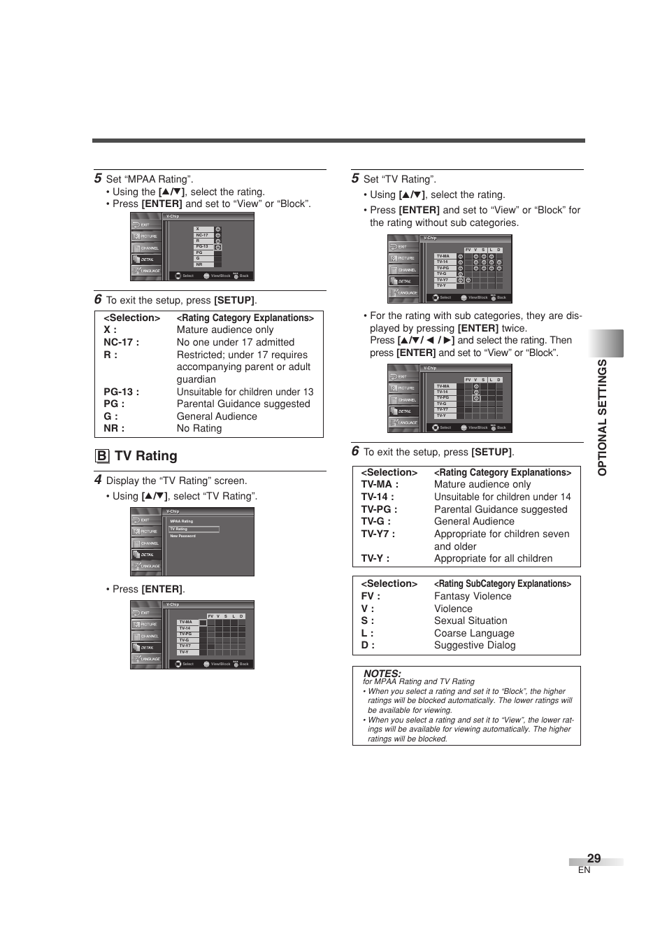 B tv rating, Optional settings | Sylvania 6626LG User Manual | Page 29 / 72