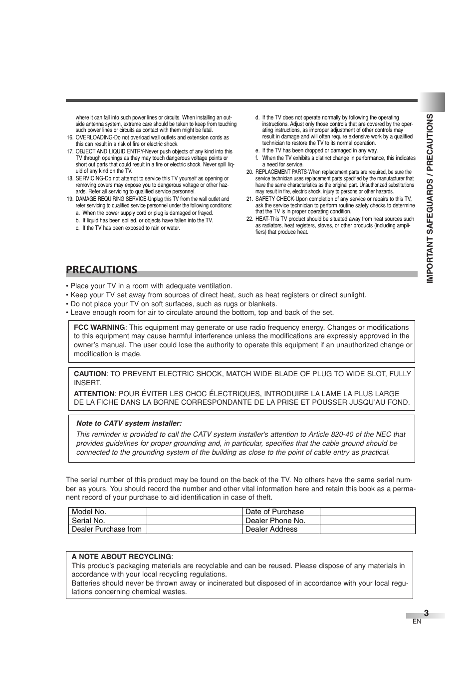 Precautions | Sylvania 6626LG User Manual | Page 3 / 72