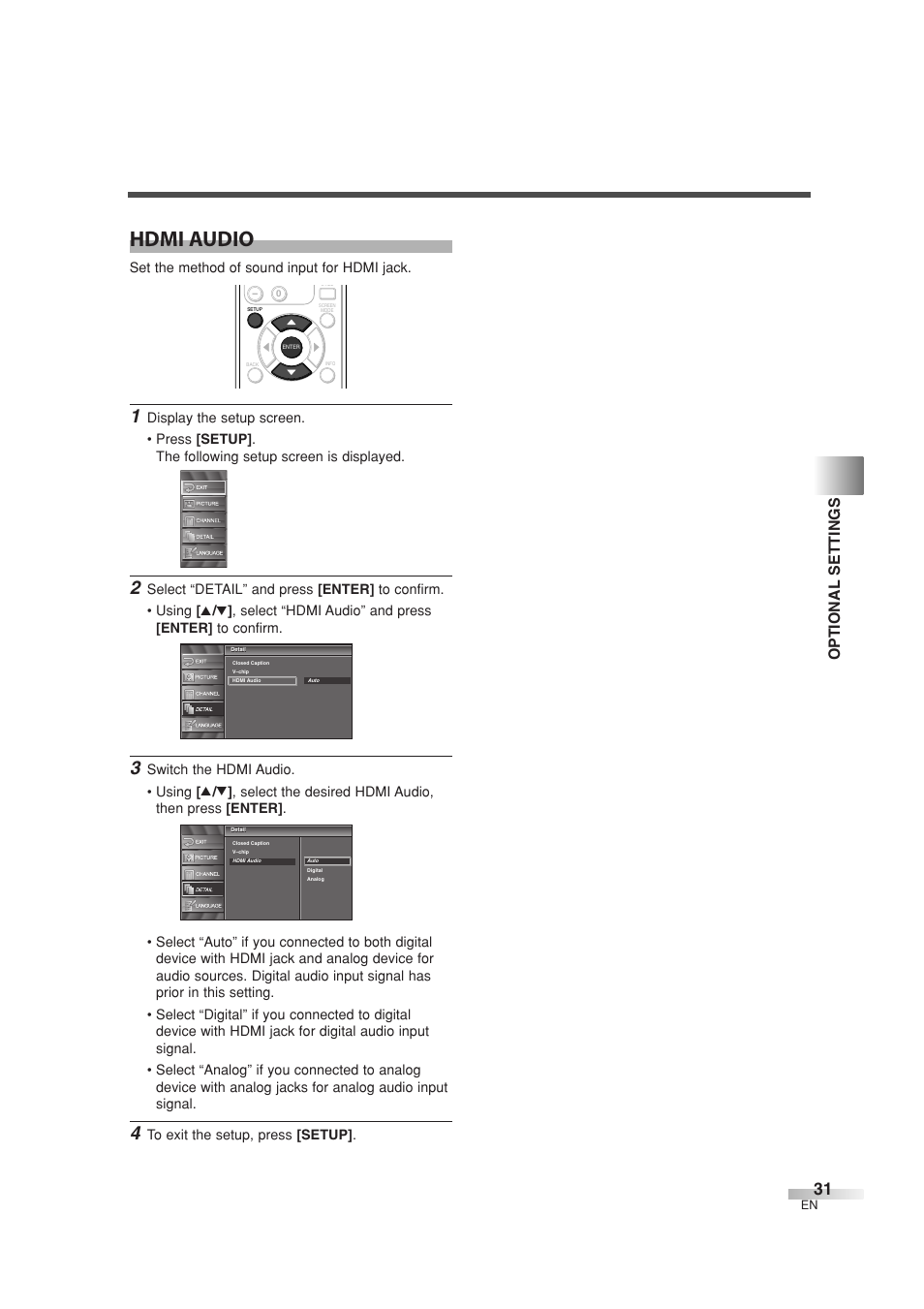 Hdmi audio, Optional settings, Set the method of sound input for hdmi jack | Sylvania 6626LG User Manual | Page 31 / 72