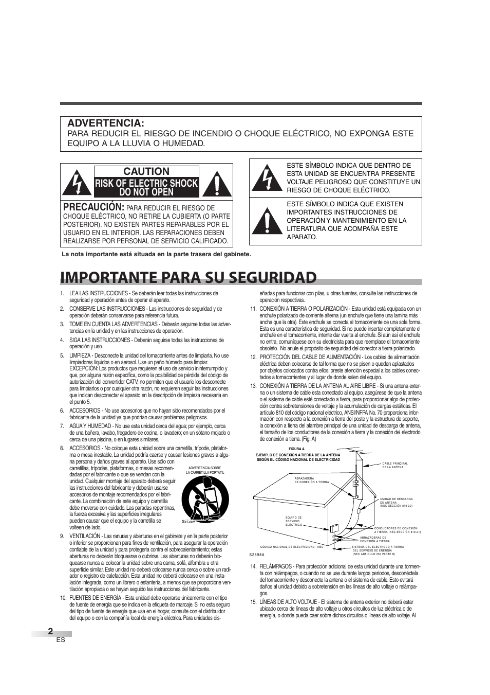 Importante para su seguridad, Advertencia, Precaución | Caution risk of electric shock do not open | Sylvania 6626LG User Manual | Page 38 / 72