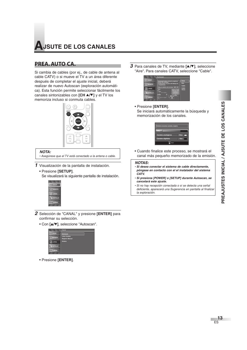 Prea. auto ca, Jsute de los canales, Preajustes inicial / ajsute de los canales | Nota | Sylvania 6626LG User Manual | Page 49 / 72
