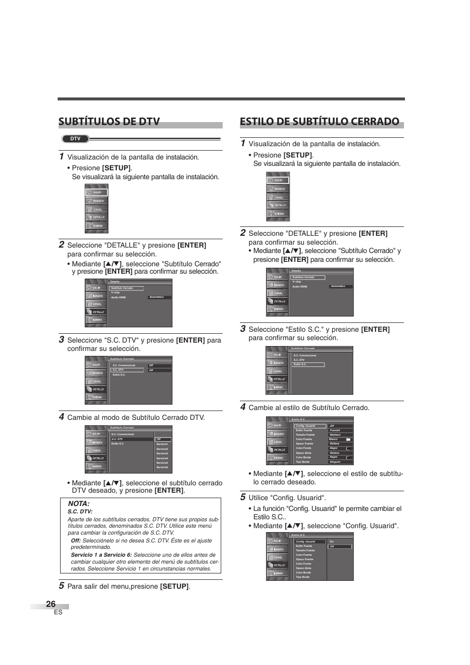 Estilo de subtítulo cerrado, Subtítulos de dtv, Para salir del menu,presione [setup] . nota | Sylvania 6626LG User Manual | Page 62 / 72