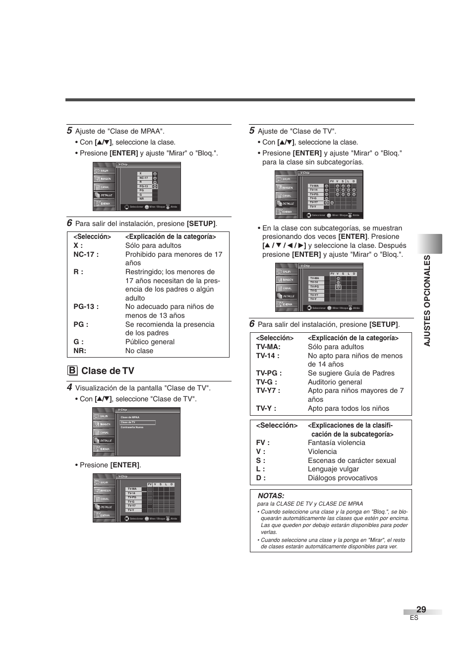 B clase de tv, Ajustes opcionales, Para salir del instalación, presione [setup | Sylvania 6626LG User Manual | Page 65 / 72