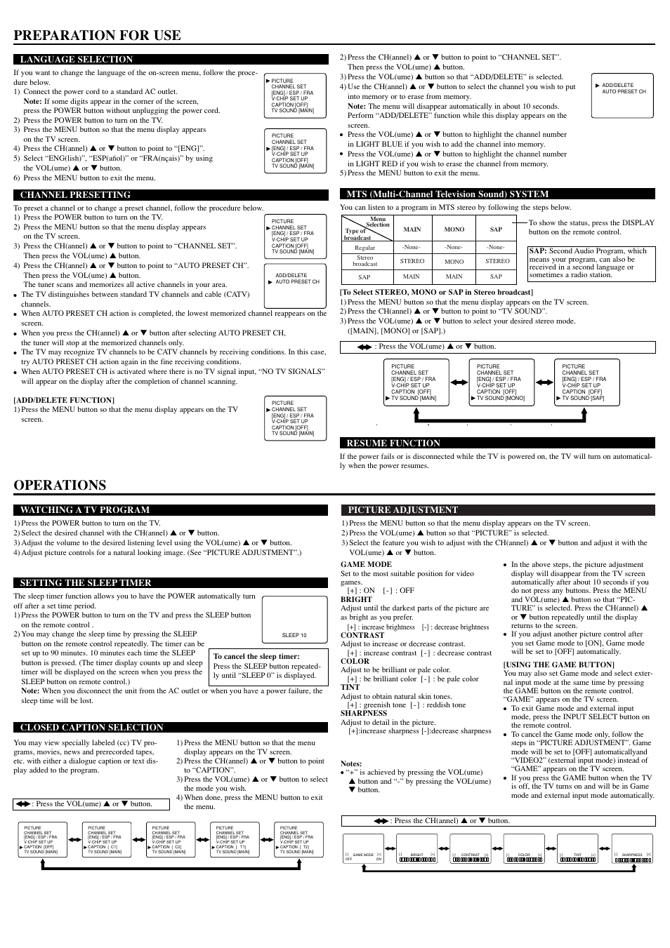 Preparation for use, Operations, Picture adjustment | Language selection, Channel presetting, Mts (multi-channel television sound) system, Resume function, Watching a tv program, Setting the sleep timer, Closed caption selection | Sylvania 6427FE User Manual | Page 3 / 8